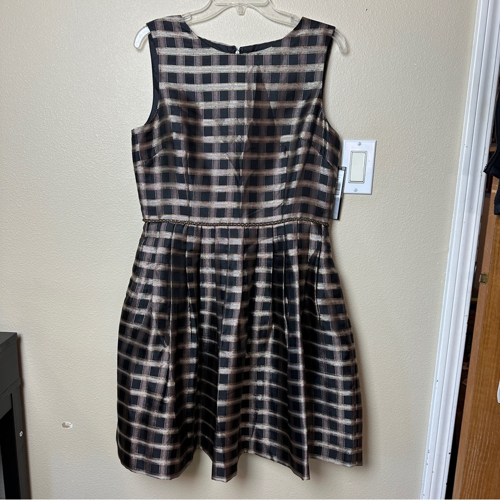 Tahari Black and Gold Shimmer Checkered Midi Dress with Pockets